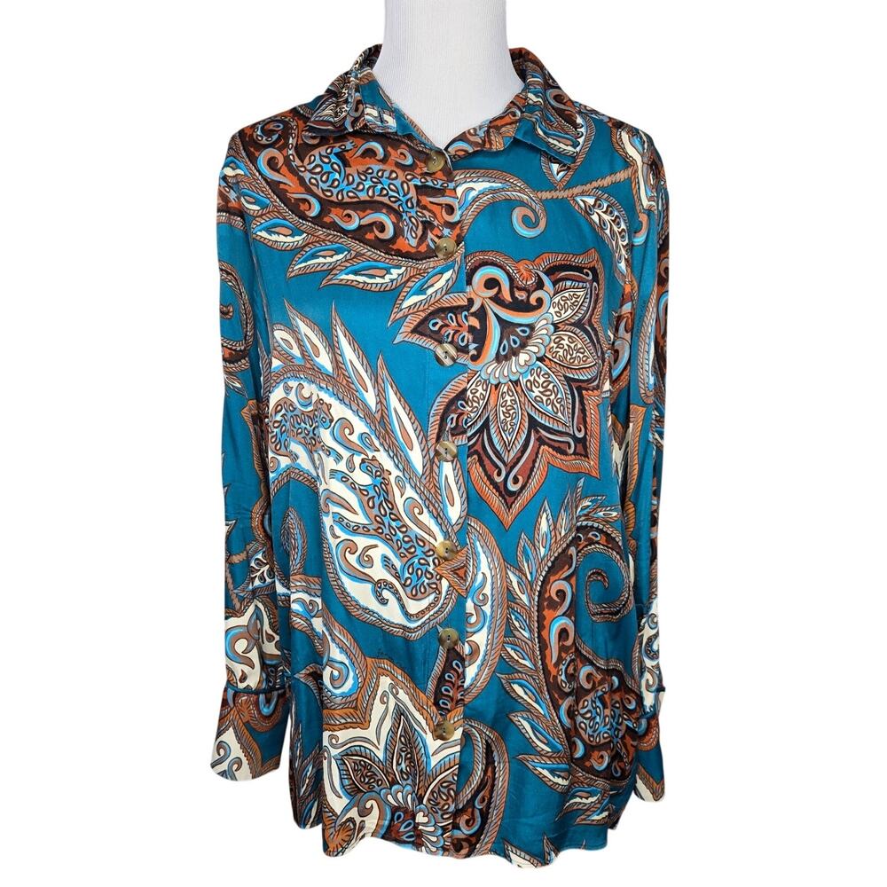 Farm Rio Top Teal Blue Brown Leopard Paisley Blouse Medium Oversized Boho Anthro